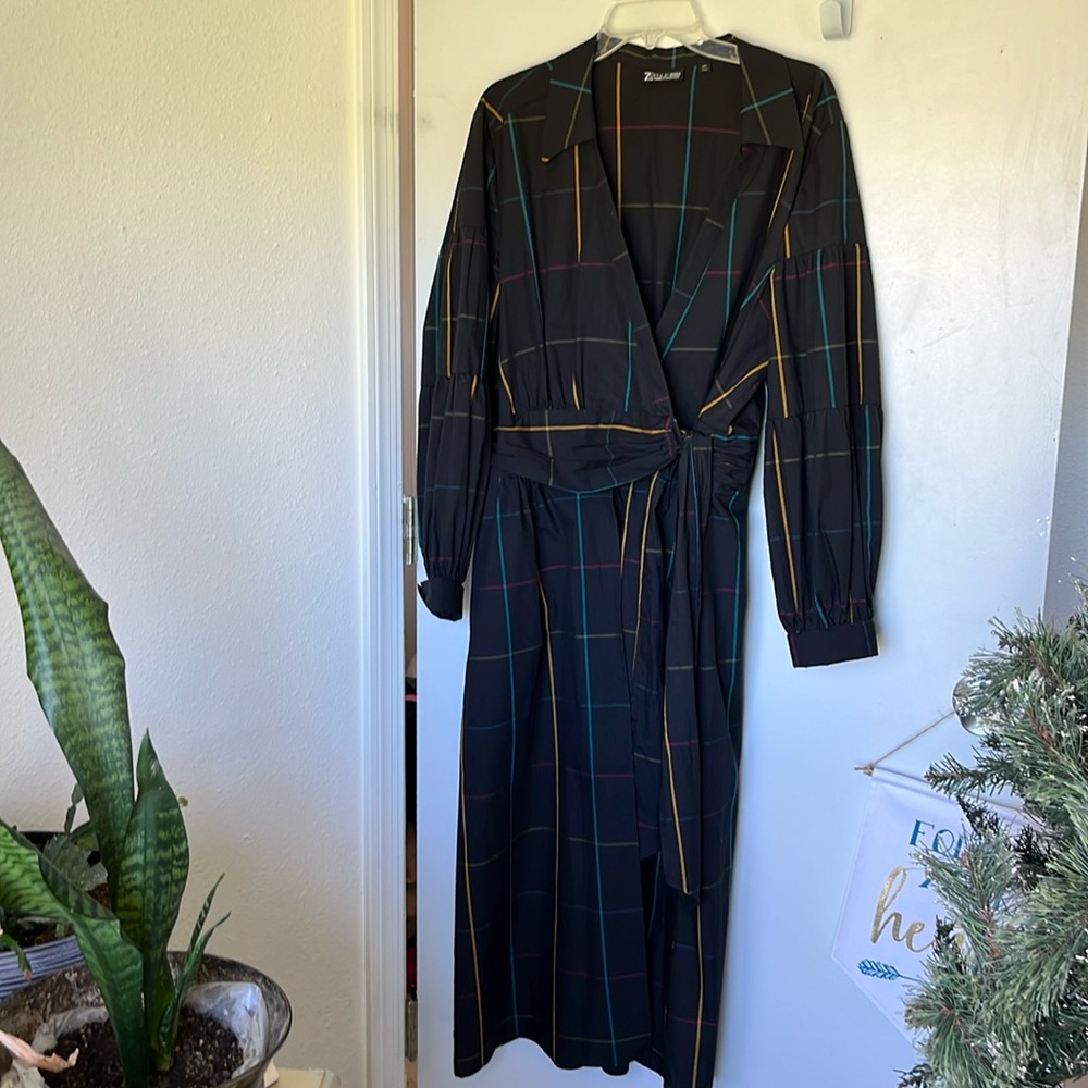 Black Plaid Wrap Midi Dress with Tie Waist